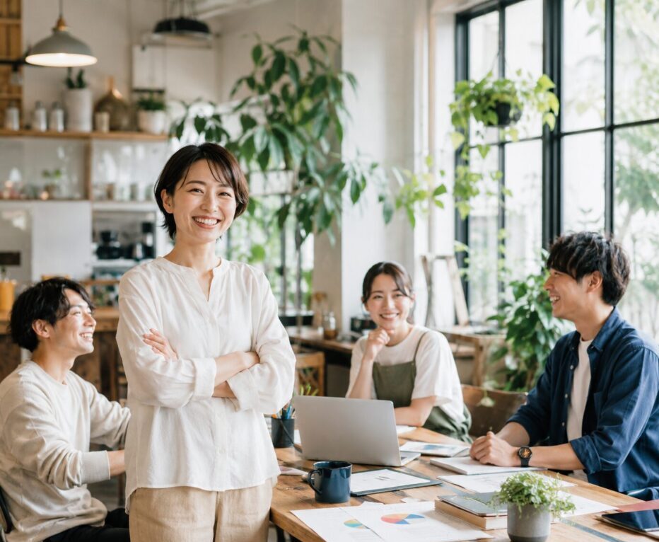 明るいオフィスで打ち合わせをする若い起業メンバーと笑顔の女性経営者