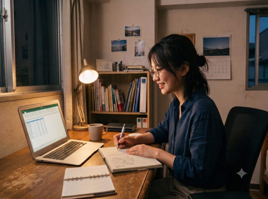 自宅のデスクでノートパソコンを見ながら会社設立の費用を計算する女性