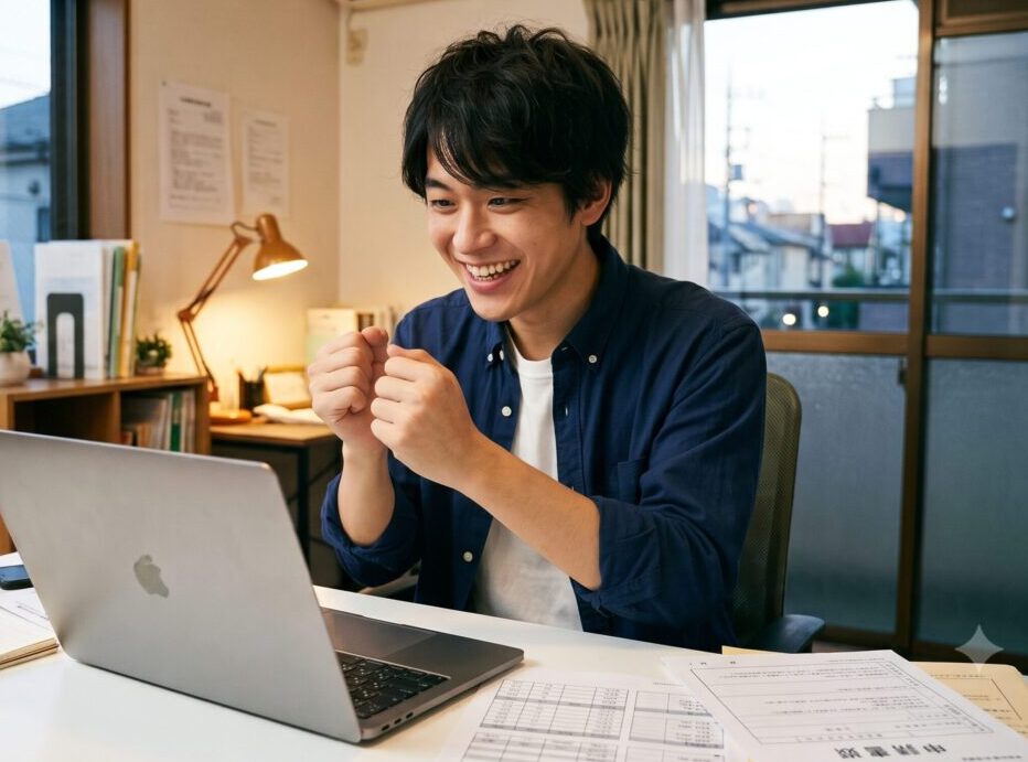 ノートパソコンを見て笑顔でガッツポーズする男性と会社設立の申請書類