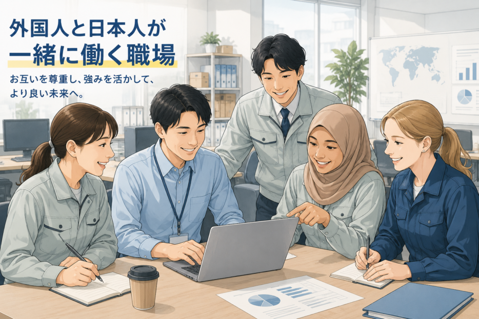 外国人従業員と日本人従業員が同じ職場で一緒に働いている様子