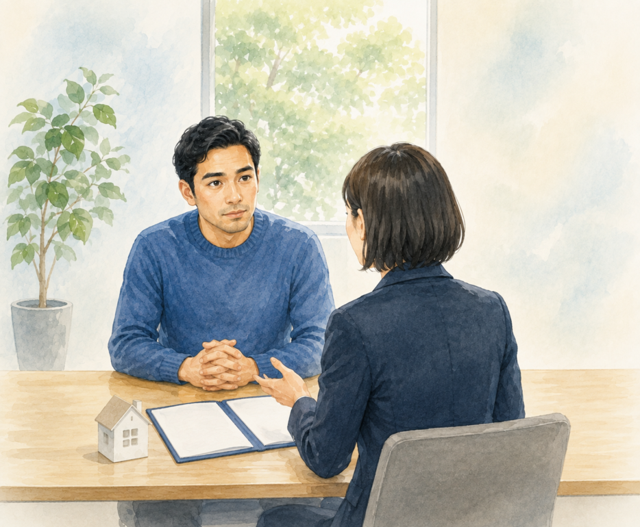 監理人について行政書士に相談する男性のイラスト