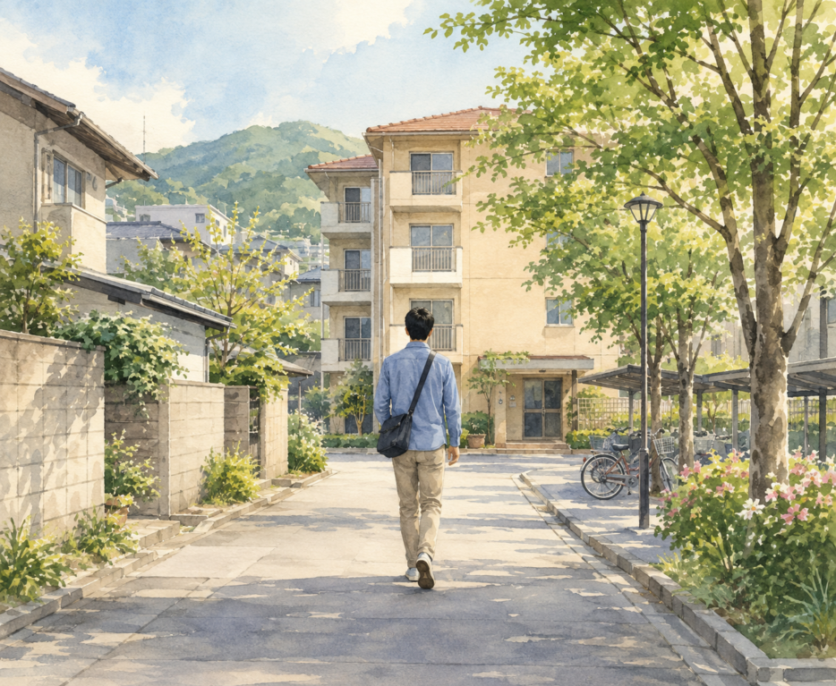 住宅地の道を歩く男性の風景