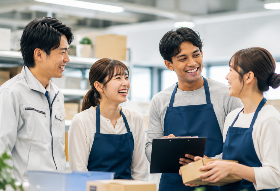 職場で日本人スタッフと外国人スタッフが打ち合わせをしている様子