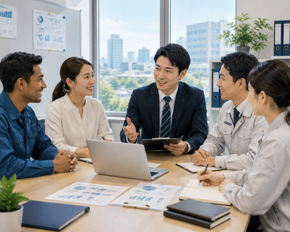 登録支援機関の担当者が企業の担当者と支援内容について打ち合わせをしている場面