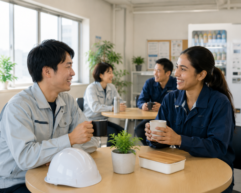 休憩時間に日本人社員と外国人社員が話している職場の場面