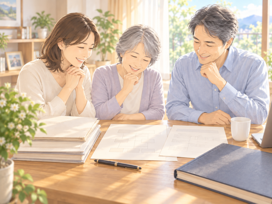 家系図の書類を囲んで笑顔で確認する家族3人