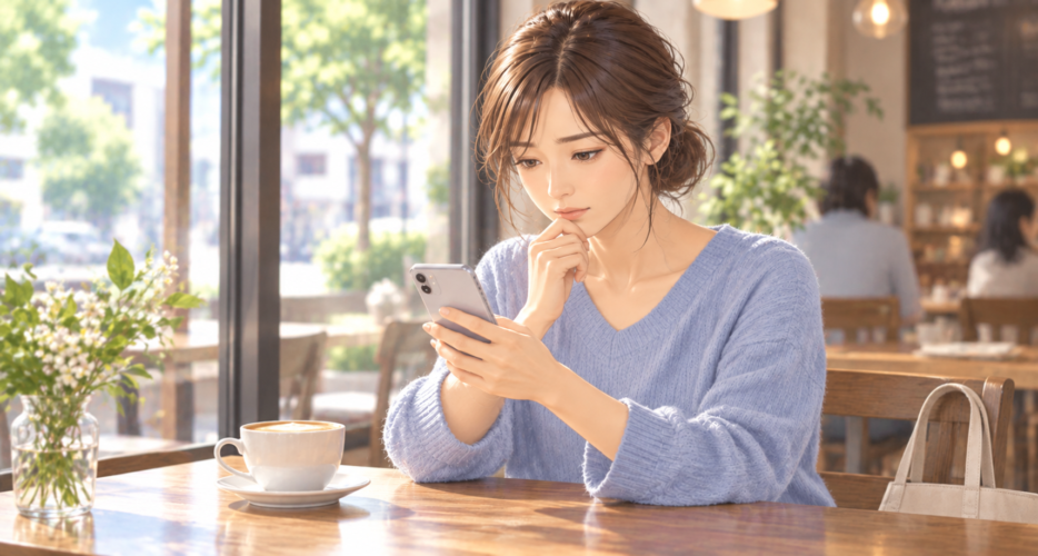 カフェでスマートフォンを見ながら、離婚届の証人を誰に頼むか考え込む女性