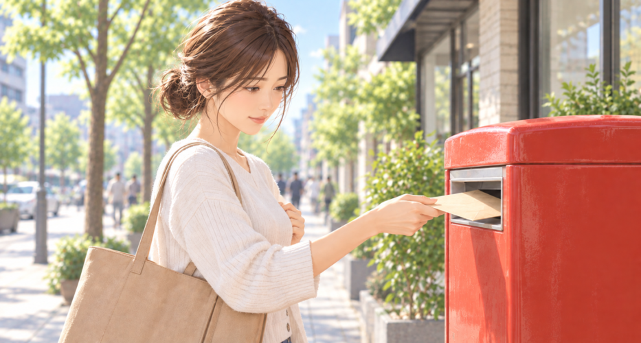 離婚届を入れた封筒を郵便ポストに投函する女性