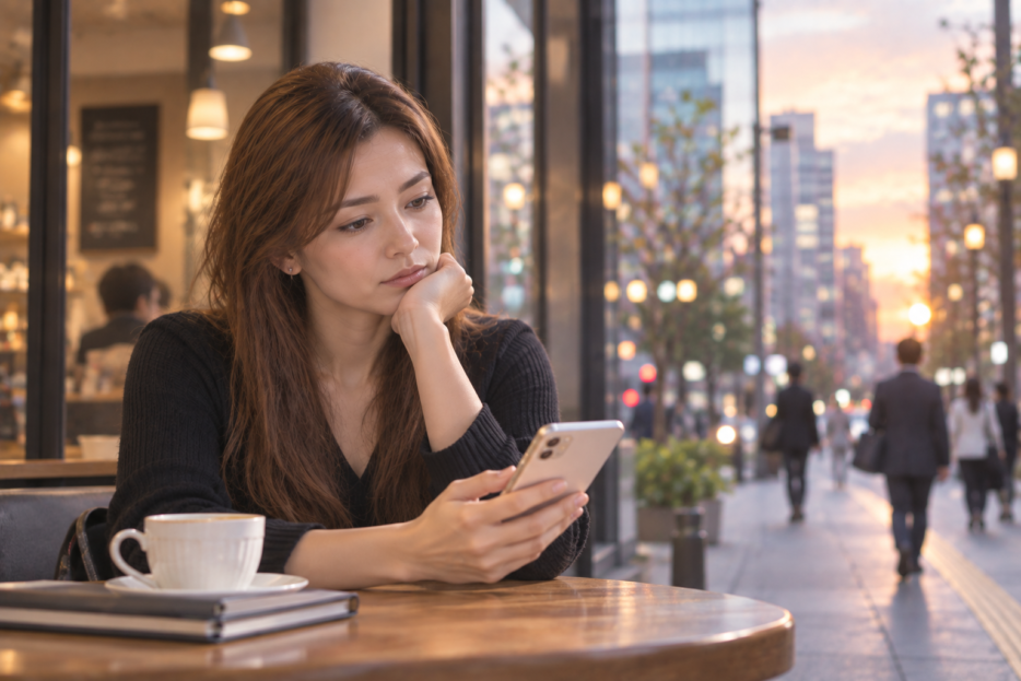 離婚後の在留資格についてスマートフォンで調べる外国人女性