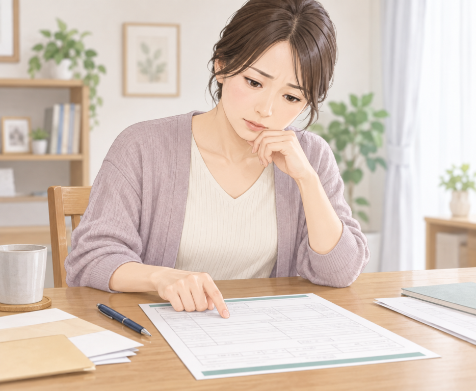 離婚届の証人欄の記入内容を指でたどりながら確認している女性のイラスト