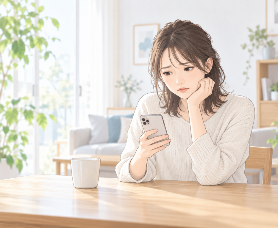 スマートフォンで本籍や住所を確認しながら離婚届の証人欄の記入を考えている女性のイラスト