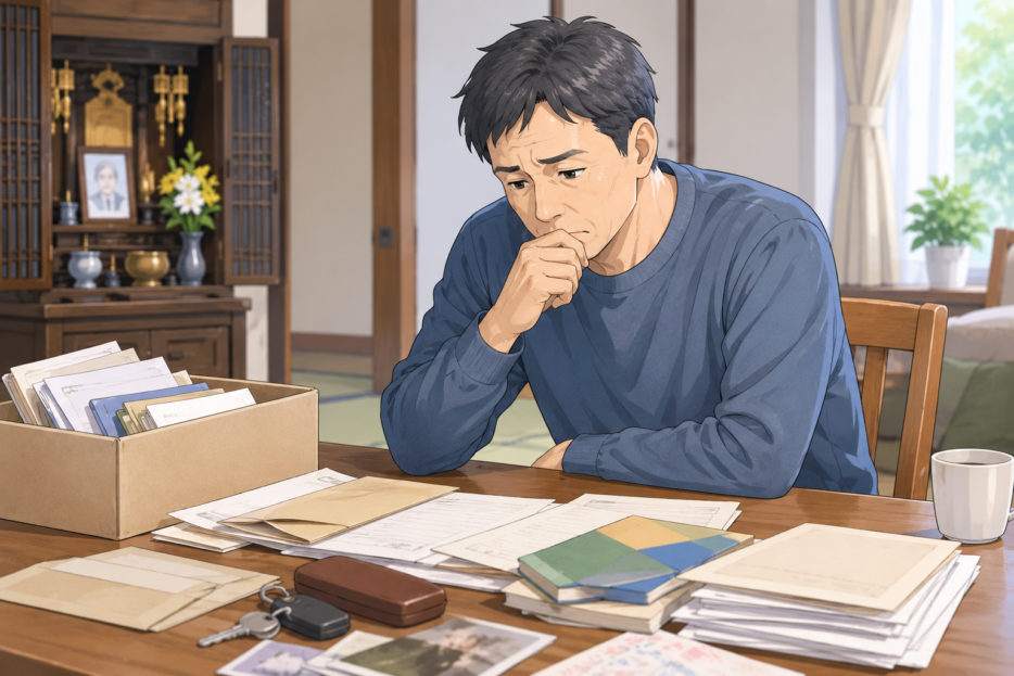 自宅で書類の入った箱を前に、何から手をつけるか考え込む男性