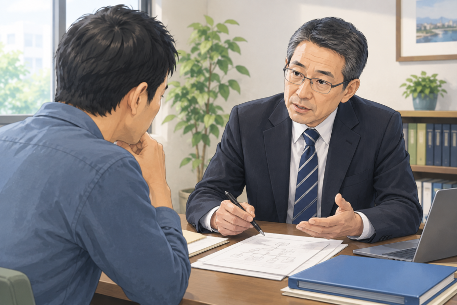 事務所で相談者に説明する行政書士