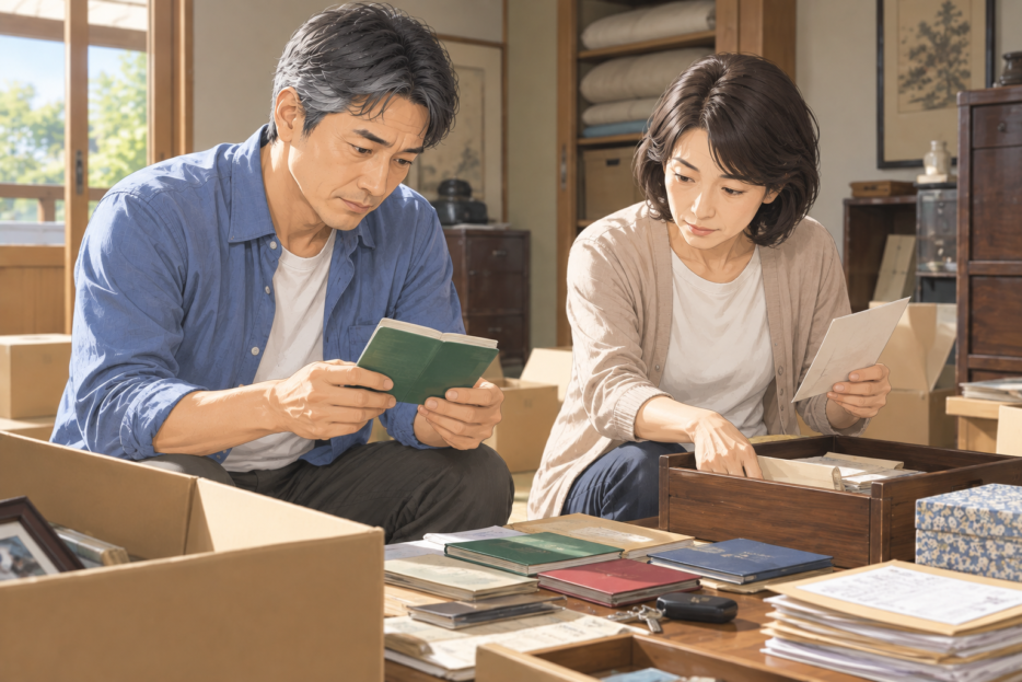 実家で遺品を整理しながら通帳や書類を確認する中高年の兄弟姉妹
