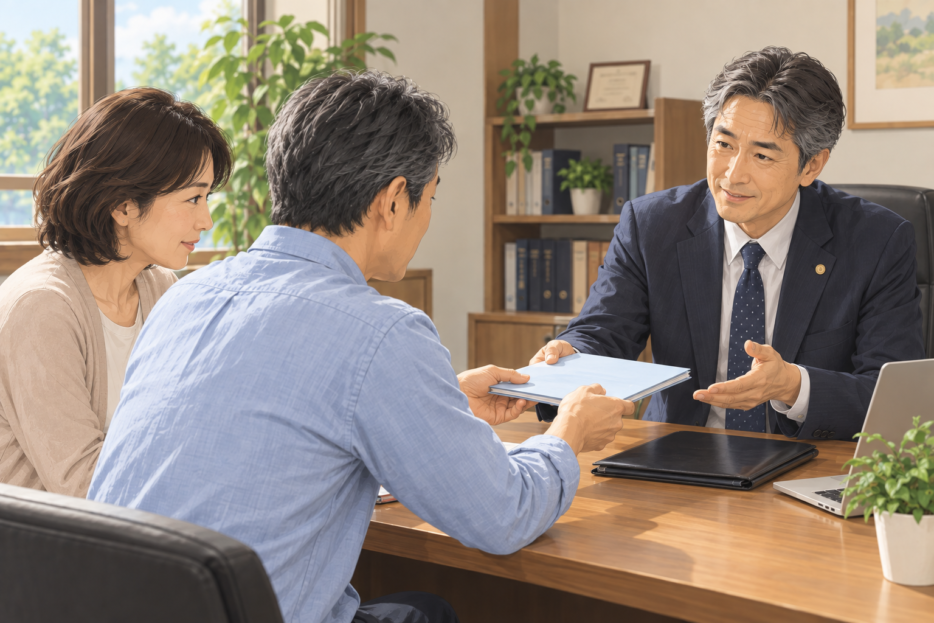 中高年の夫婦が年配の行政書士に書類ファイルを渡して相談している場面