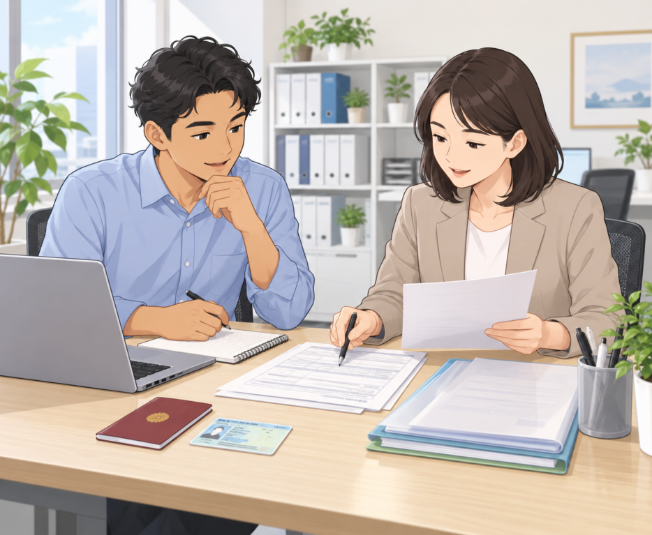 在留カードとパスポート、申請書類を前に更新手続きの確認をする外国人社員と会社担当者