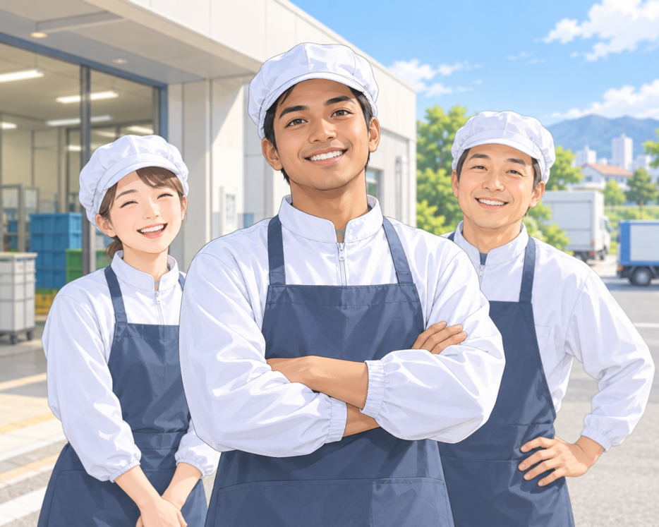 食品工場で働く特定技能外国人と日本人従業員が笑顔で並ぶ様子