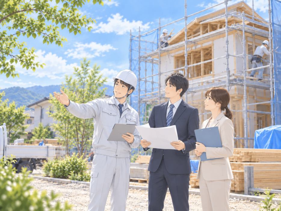 建設現場で現場担当者が建設中の建物を指しながらスーツ姿の相談者に説明している様子