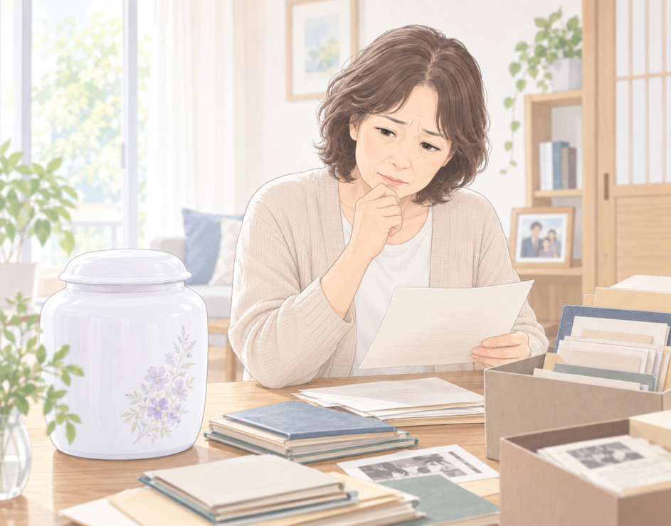 自宅で保管している骨壺の前で、埋葬許可証を探して困っている女性