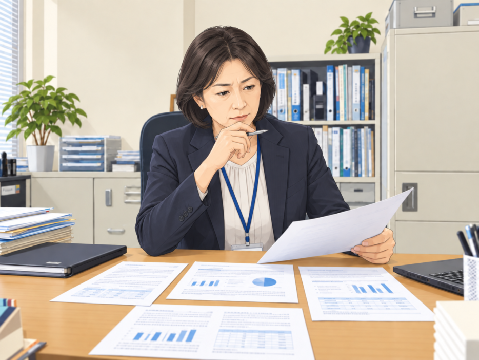 委託費や人材の定着、売上の資料を見比べて検討する人事担当者