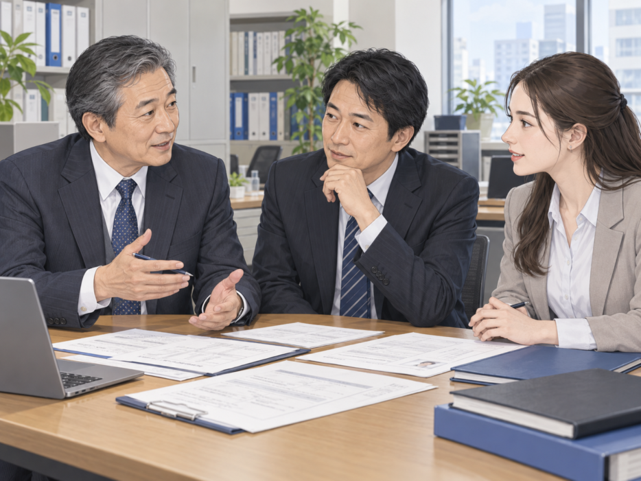 会社の担当者と外国人スタッフに書類を示しながら説明する行政書士