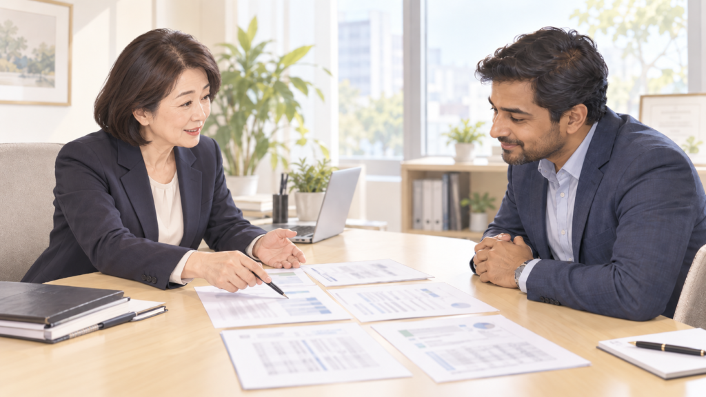 相談員が経営者と決算書や納税の書類を並べて確認している場面