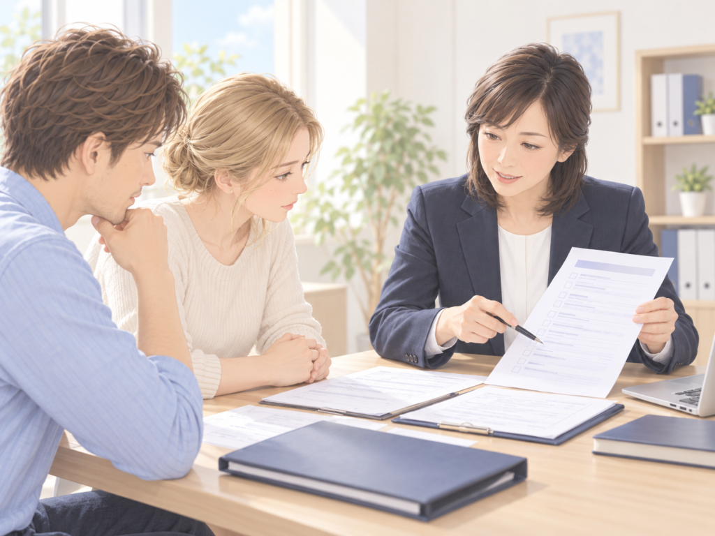 相談員が夫婦に必要な書類のリストを見せて説明している場面
