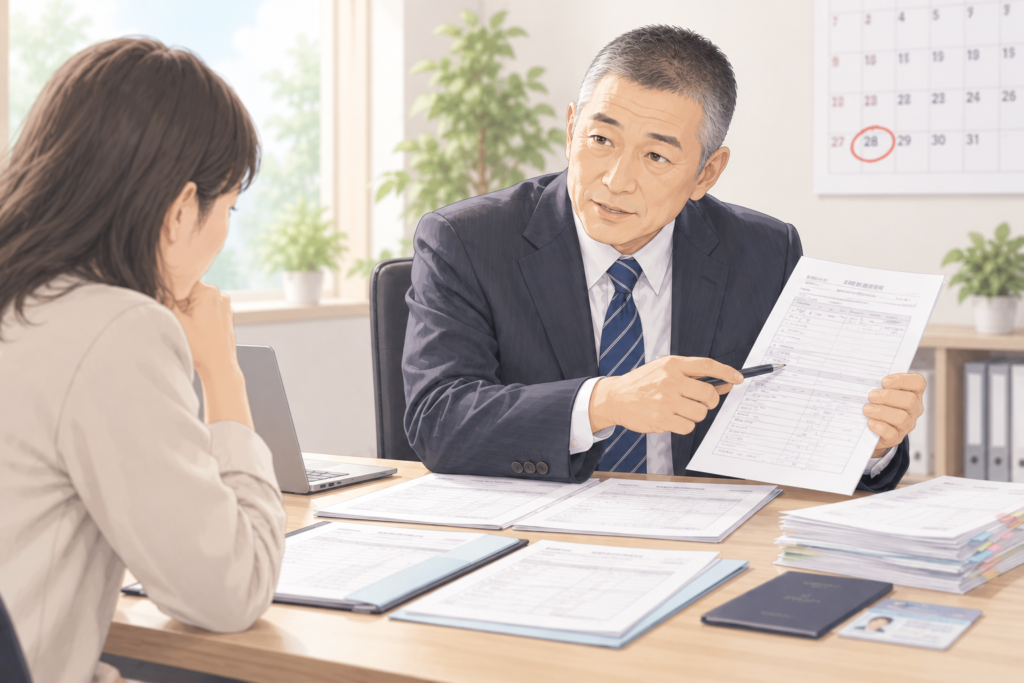 行政書士が書類を示しながら経営者に更新の見通しを説明している場面