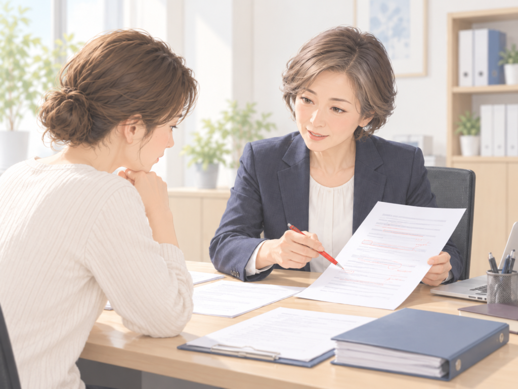 相談員が理由書の下書きに赤ペンで印をつけながら説明している場面