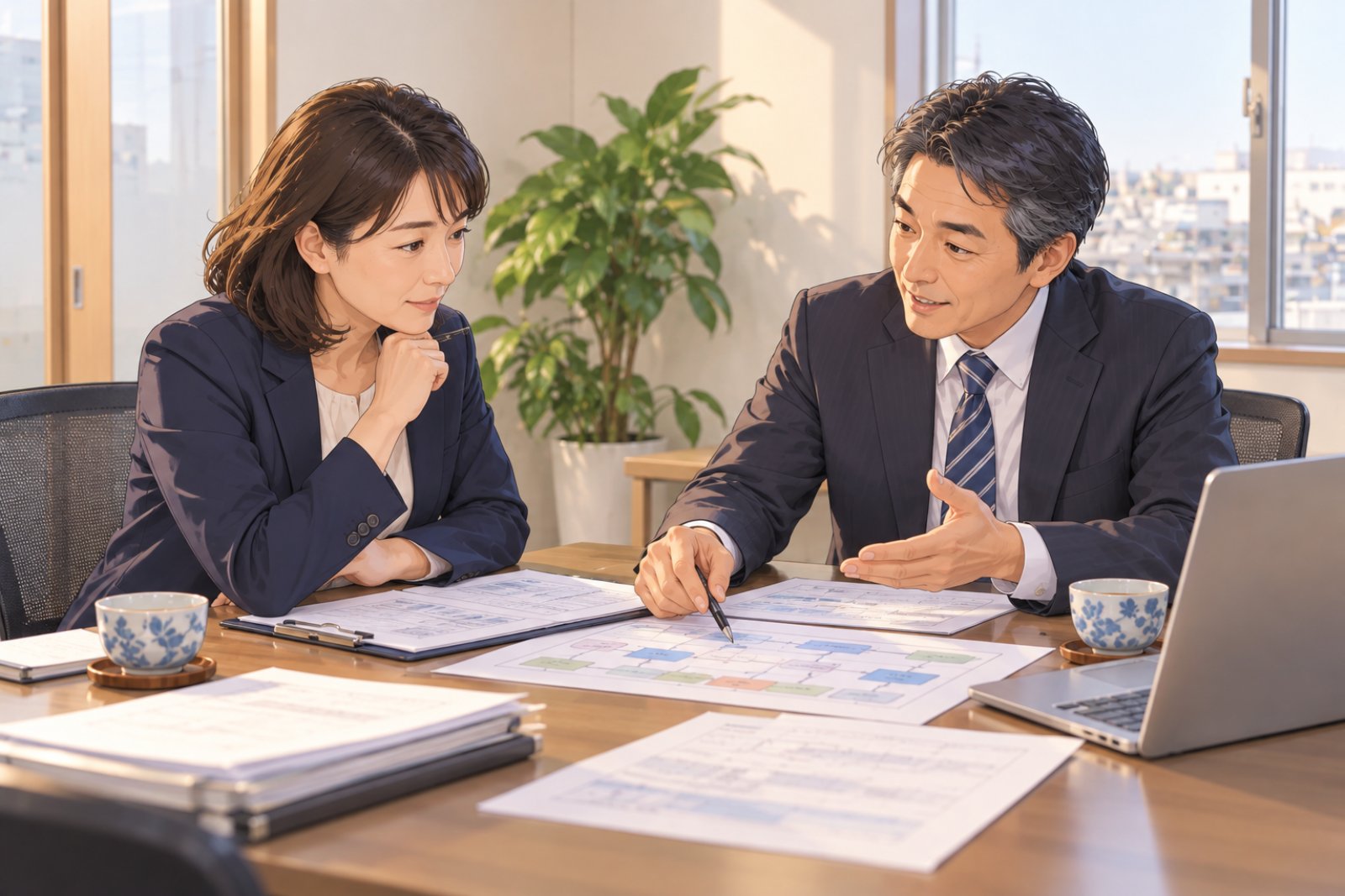 会社の会議室で人事担当者と行政書士が外国人社員の仕事内容の資料を見ながら話し合う様子