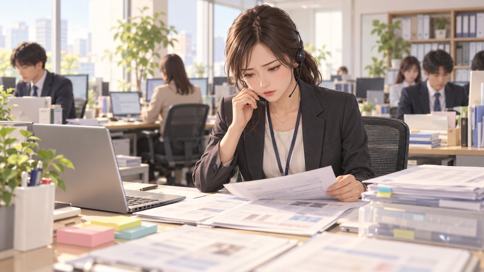 人材紹介会社のオフィスで女性社員が受入れ企業の担当者と電話をしながら書類を前に考えている様子