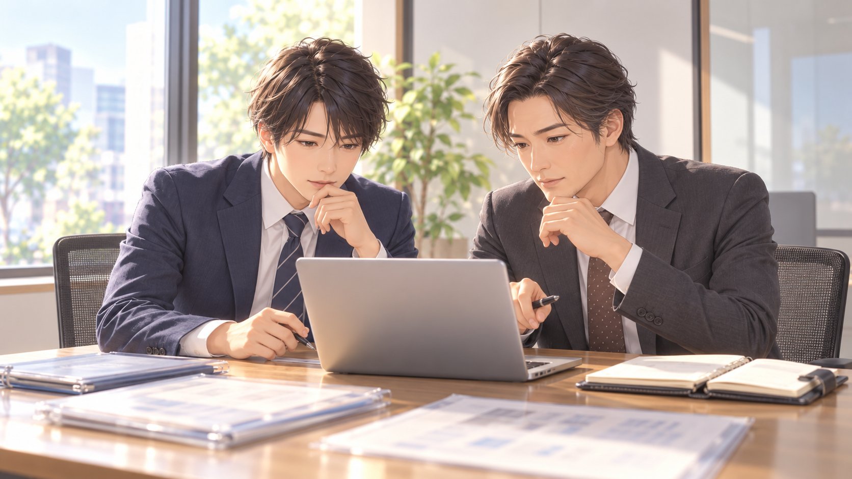 会議室で人材紹介会社の担当者と行政書士がノートパソコンの画面を見ながら申請の予定を確かめている様子
