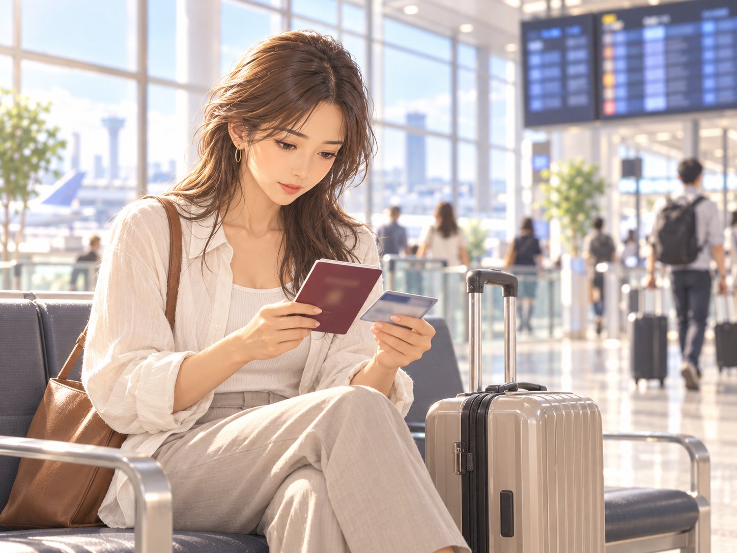 空港の出発ロビーで外国人の女性がパスポートと在留カードを手に搭乗前に確認している様子