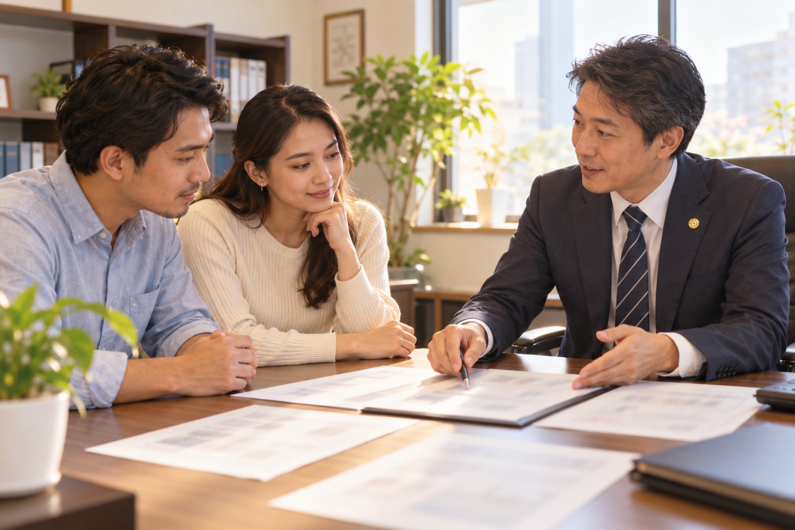 事務所で行政書士が外国人の夫婦に申請の見通しを説明している様子