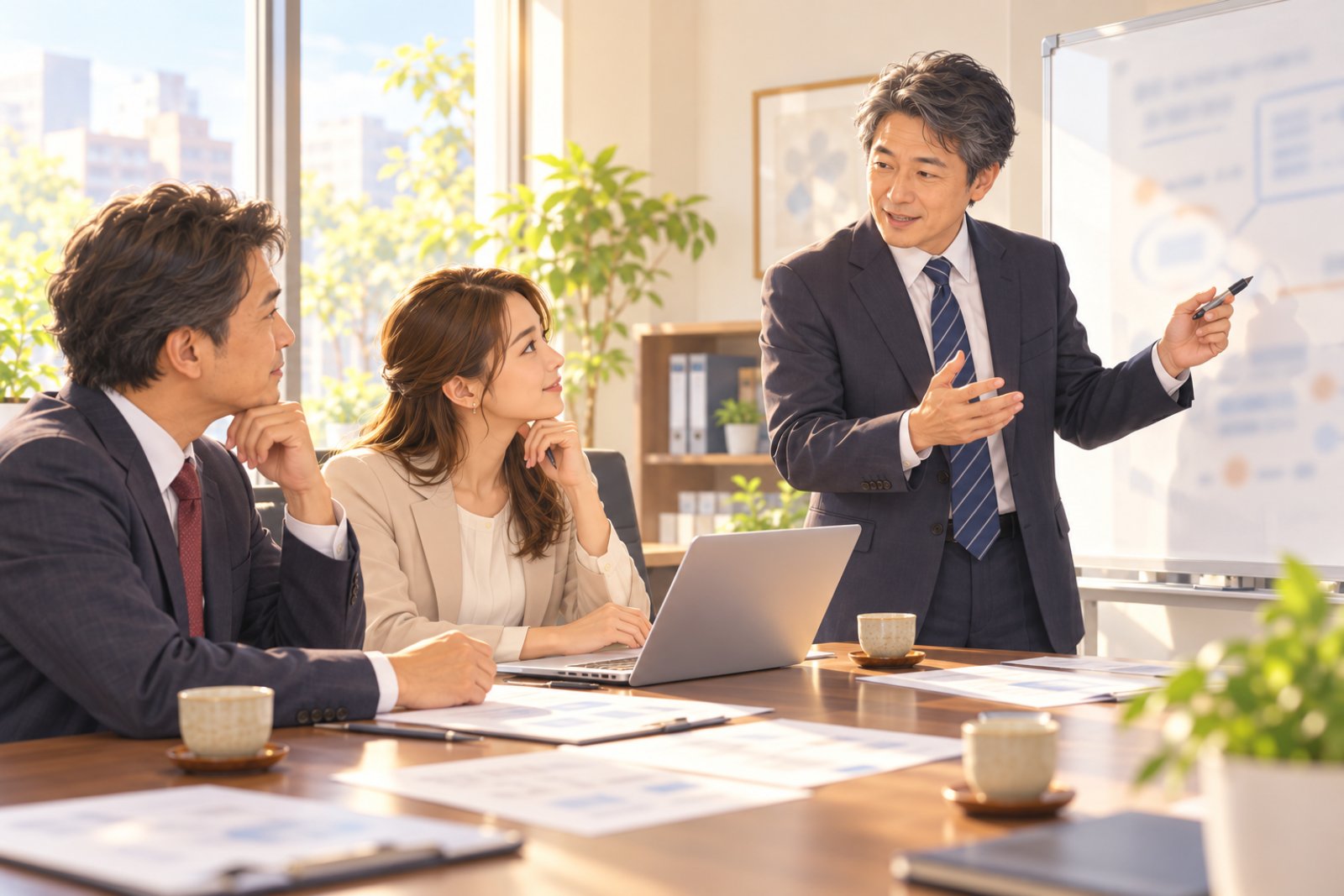 会社の会議室で行政書士が人事担当者に外国人社員の採用について説明している様子