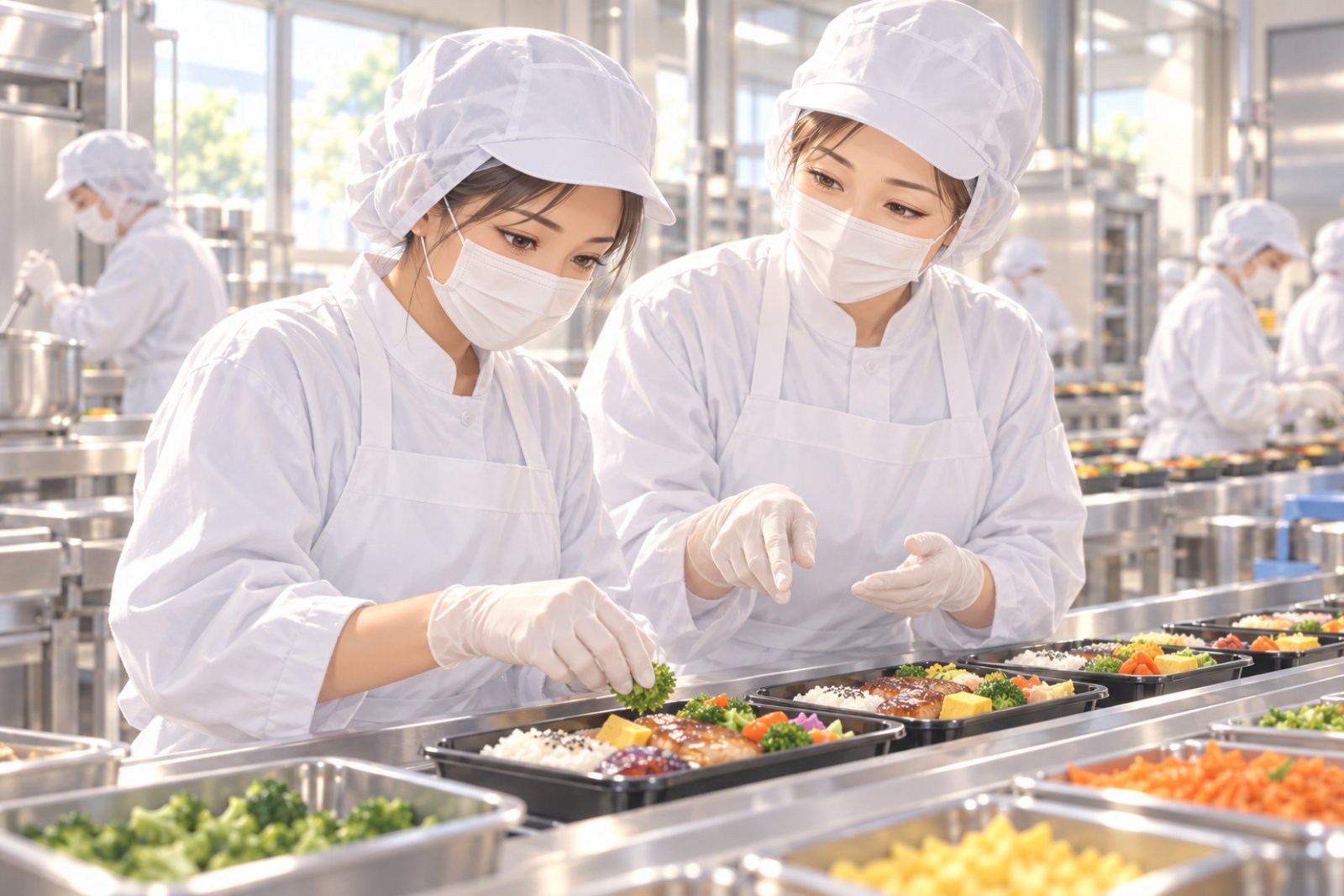 食品工場の製造ラインで衛生服を着て作業する外国人社員と日本人の先輩社員