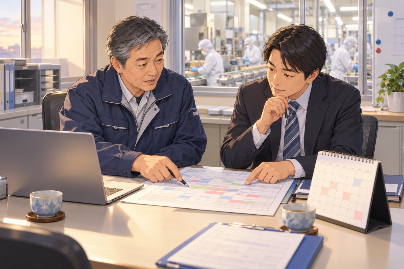 食品工場の事務所で工場長と支援担当者が外国人社員のシフト表を見ながら面談の日程を相談する様子