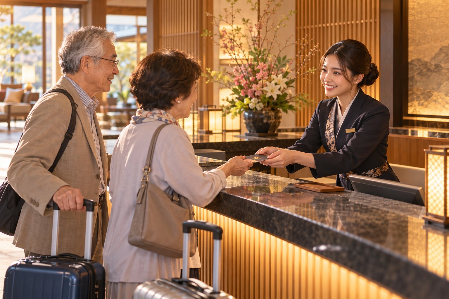 ホテルのフロントで外国人の女性スタッフが宿泊客にチェックインの案内をしている様子