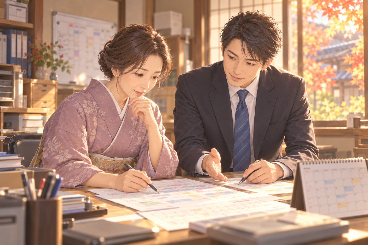 旅館の事務室で女将と支援担当者がシフト表を見ながら外国人スタッフとの面談の日程を相談している様子