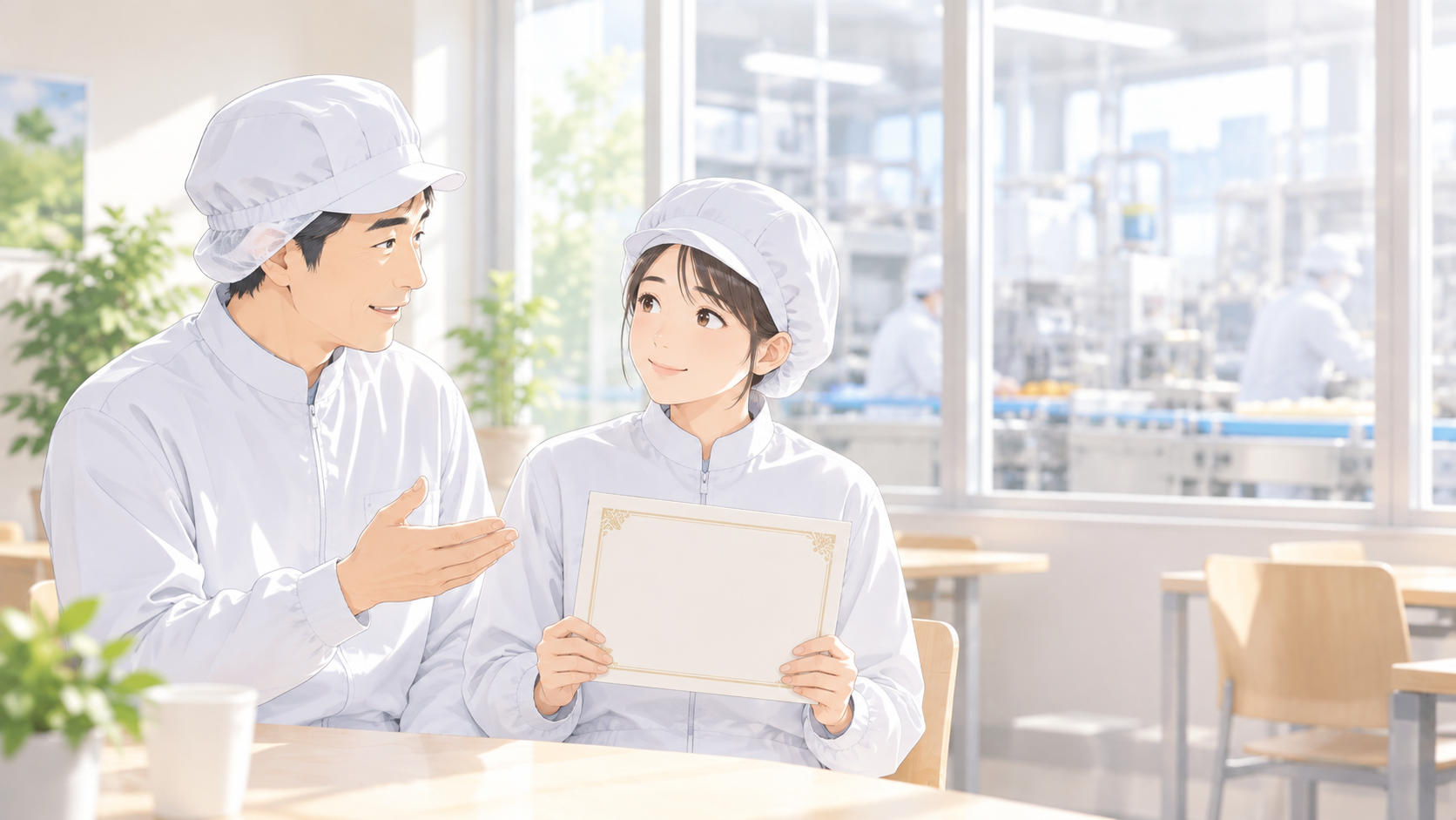技能実習を修了した社員に、工場長が特定技能での今後について話している場面