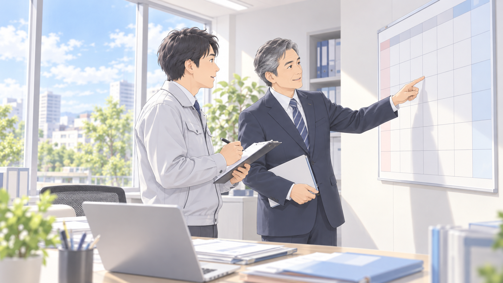 行政書士と会社の担当者が、カレンダーを見ながら切り替えの日程を確認する場面