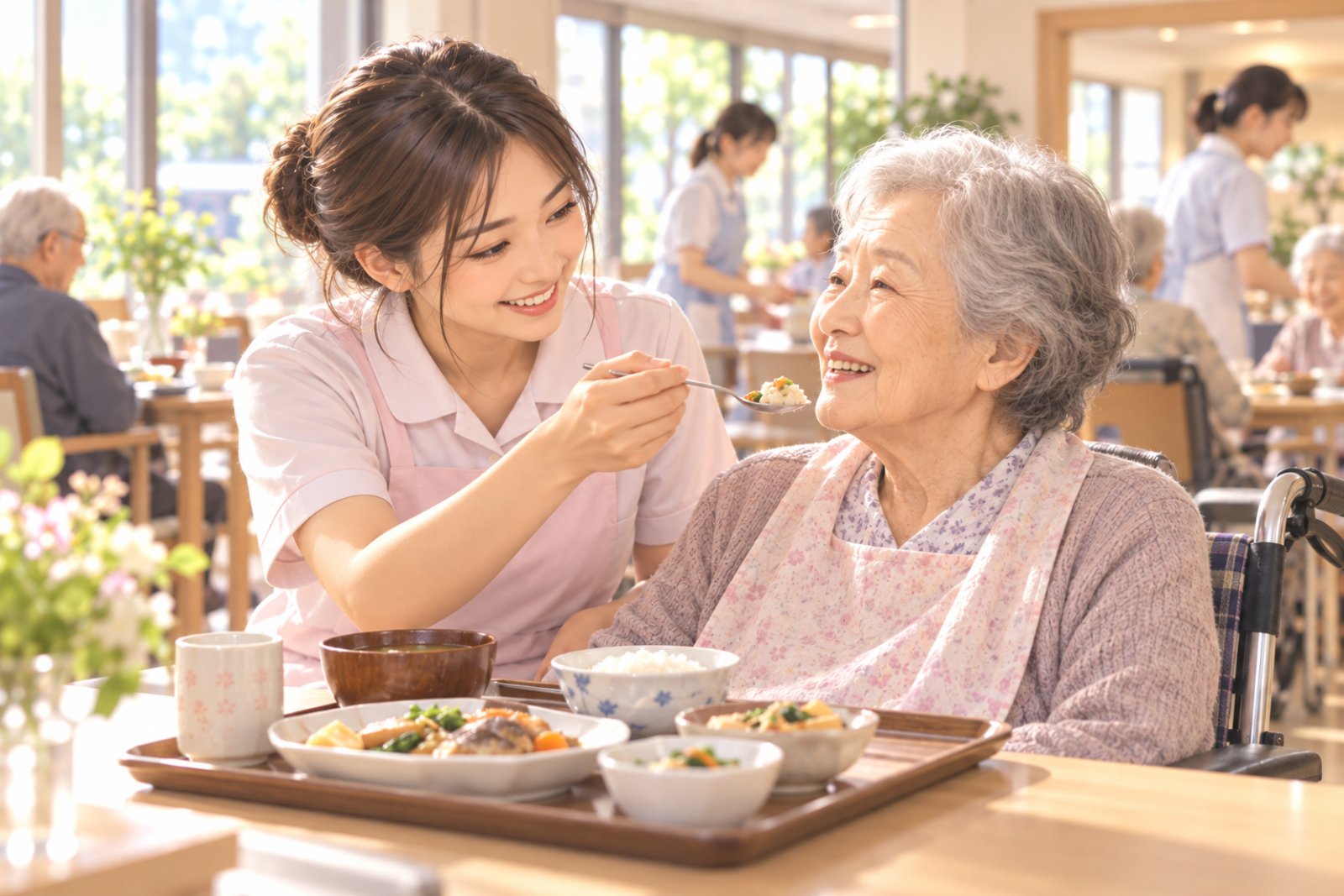 介護施設の食堂で外国人の介護職員が笑顔で高齢の利用者の食事を手伝っている様子