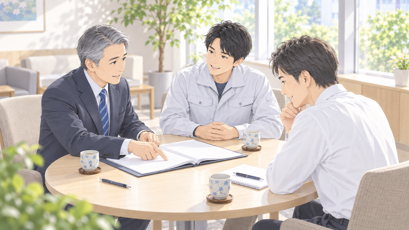 行政書士が支援記録のファイルを示しながら、会社の担当者と特定技能の社員に引継ぎの内容を説明する場面