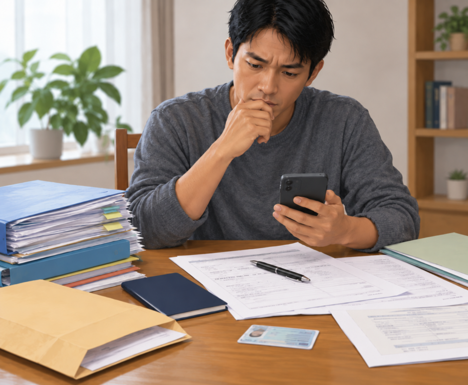 在留カードや申請書類を並べ、スマートフォンを見ながら考え込む男性